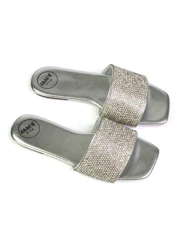 Vanity Flat Diamante Gem Crystal Sandals with a Square Toe in Black - Image 6