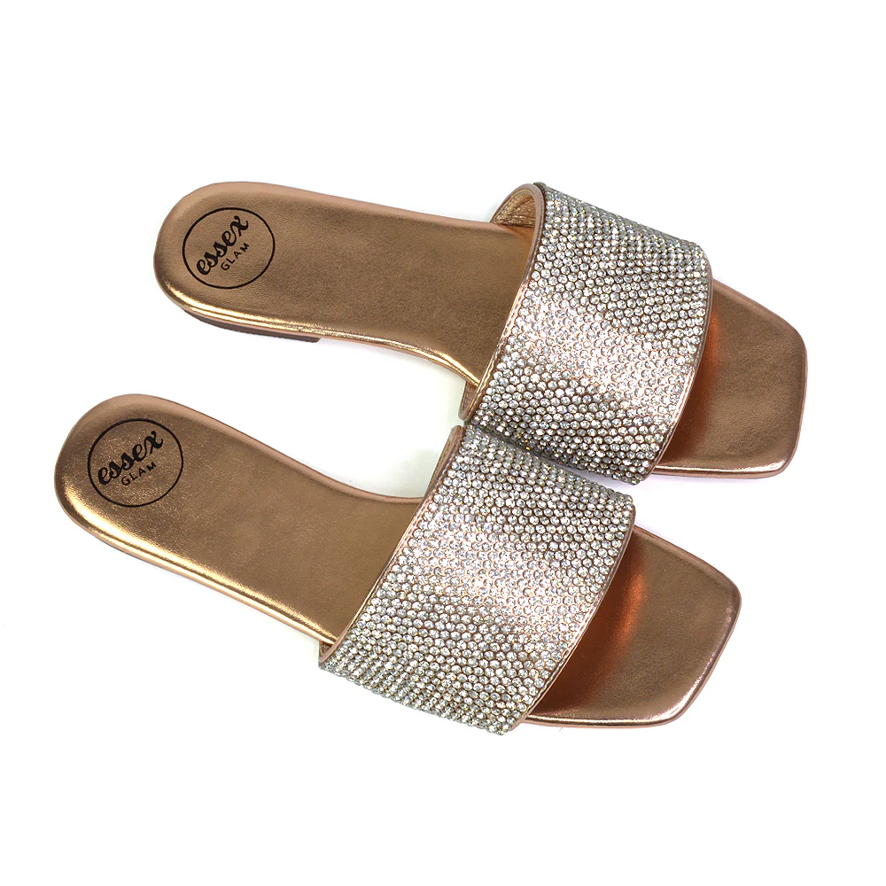 Vanity Flat Diamante Gem Crystal Sandals with a Square Toe in Black - Image 61