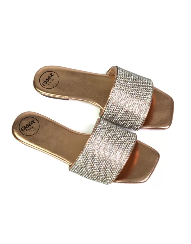 Vanity Flat Diamante Gem Crystal Sandals with a Square Toe in Black - Image 7