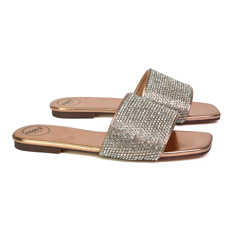 Vanity Flat Diamante Gem Crystal Sandals with a Square Toe in Black - Image 70