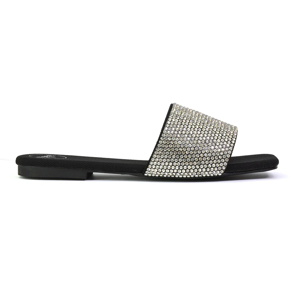 Vanity Flat Diamante Gem Crystal Sandals with a Square Toe in Black - Image 83