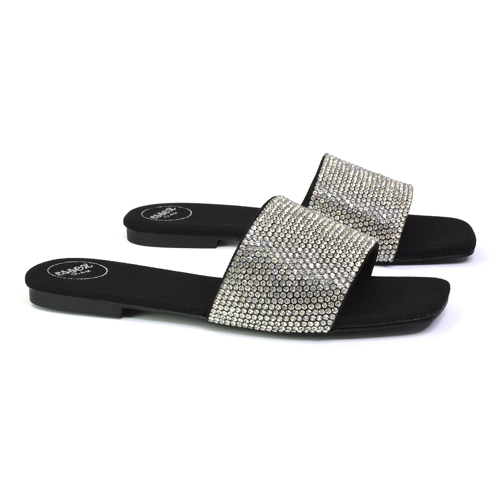 Vanity Flat Diamante Gem Crystal Sandals with a Square Toe in Black - Image 94
