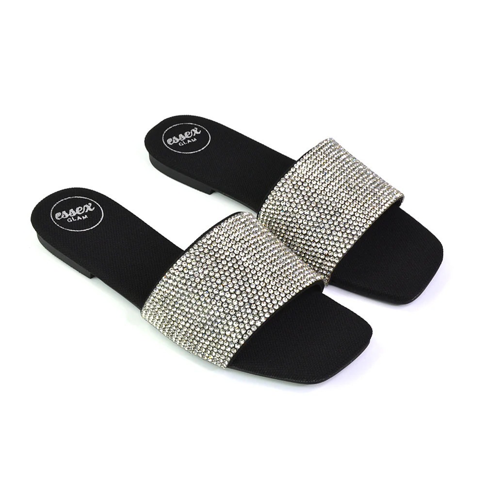 Vanity Flat Diamante Gem Crystal Sandals with a Square Toe in Gold - Image 100
