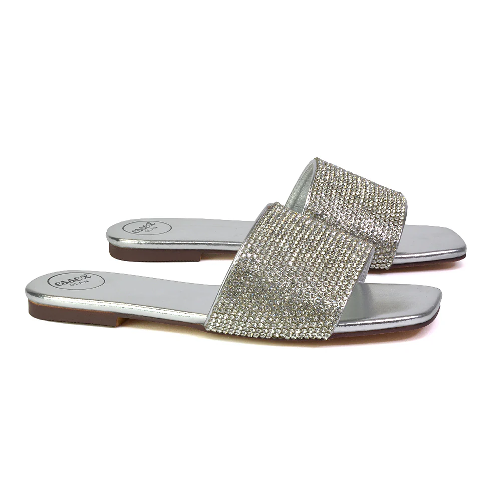 Vanity Flat Diamante Gem Crystal Sandals with a Square Toe in Fuchsia - Image 29