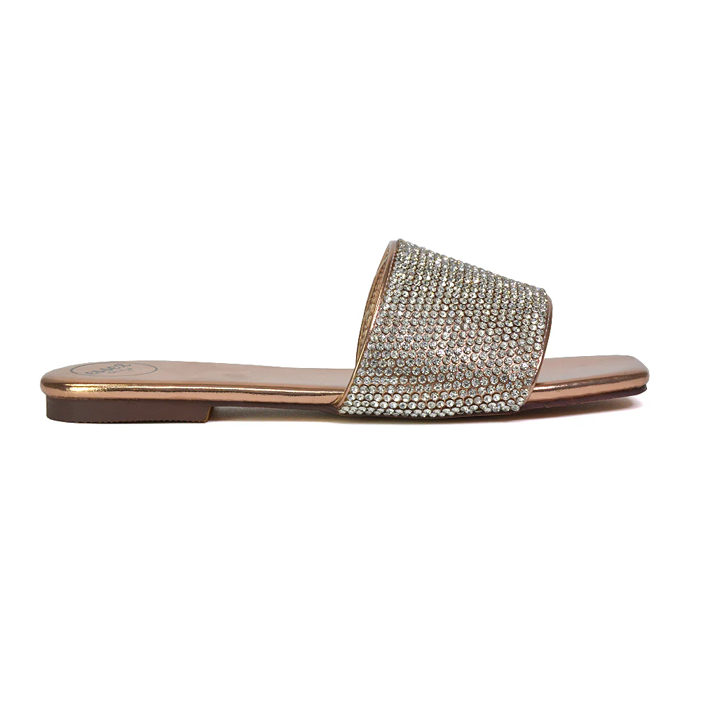 Vanity Flat Diamante Gem Crystal Sandals with a Square Toe in Fuchsia - Image 74