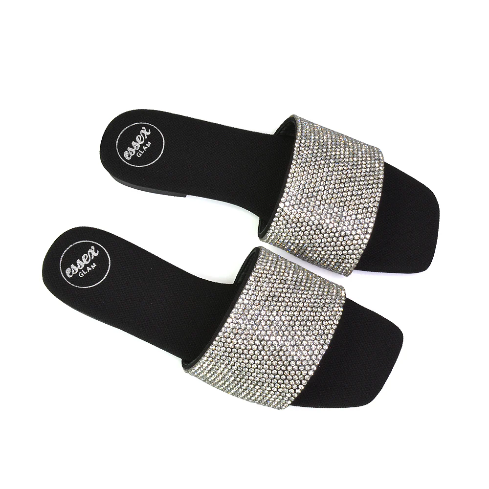 Vanity Flat Diamante Gem Crystal Sandals with a Square Toe in Fuchsia - Image 99