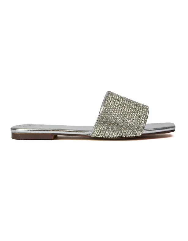 Vanity Flat Diamante Gem Crystal Sandals with a Square Toe in Silver - Image 3