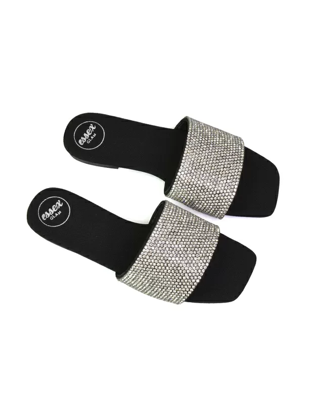 Vanity Flat Diamante Gem Crystal Sandals with a Square Toe in Silver - Image 6