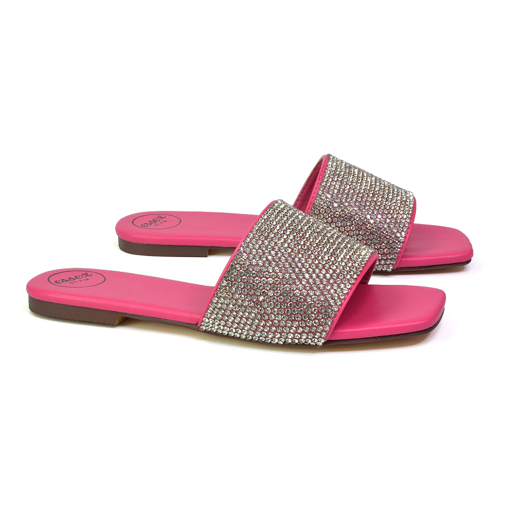 Vanity Flat Diamante Gem Crystal Sandals with a Square Toe in Silver - Image 9