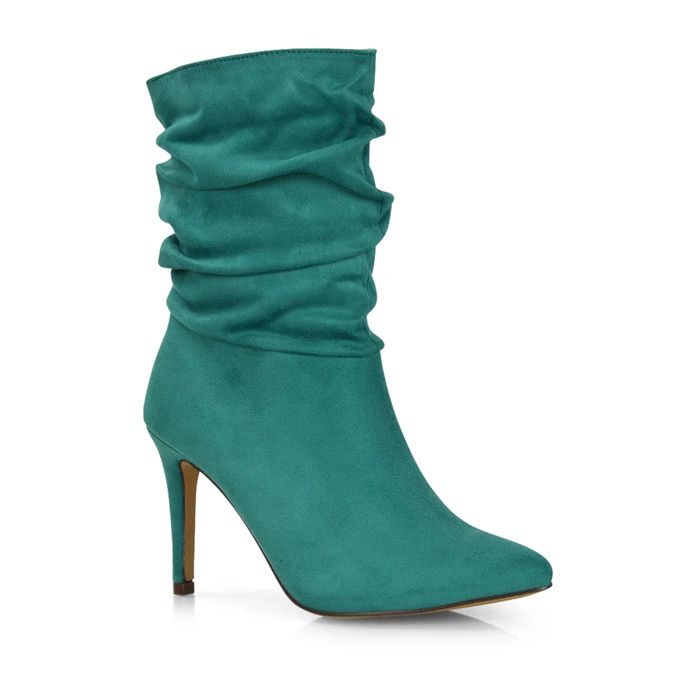 Velma Ruched Pointed Toe Stiletto High Heeled Ankle Boots in Black Faux Suede - Image 53