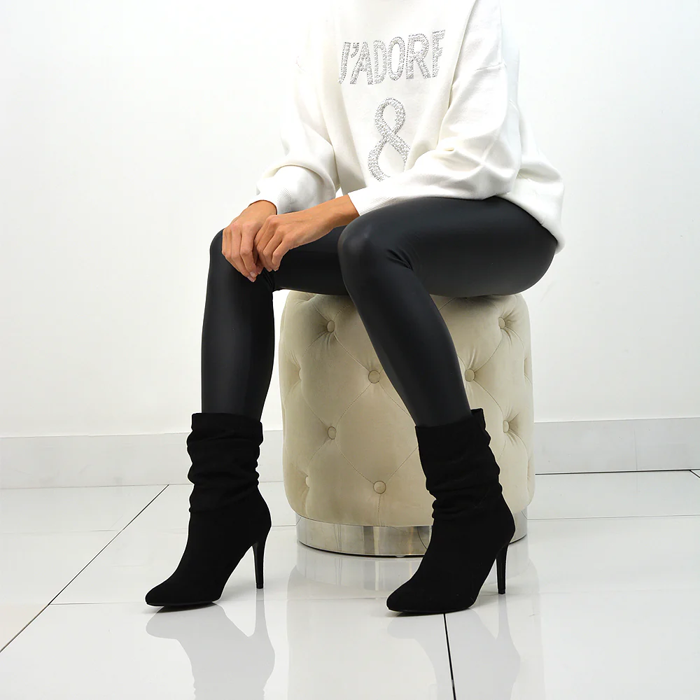 Velma Ruched Pointed Toe Stiletto High Heeled Ankle Boots in Black Faux Suede - Image 6