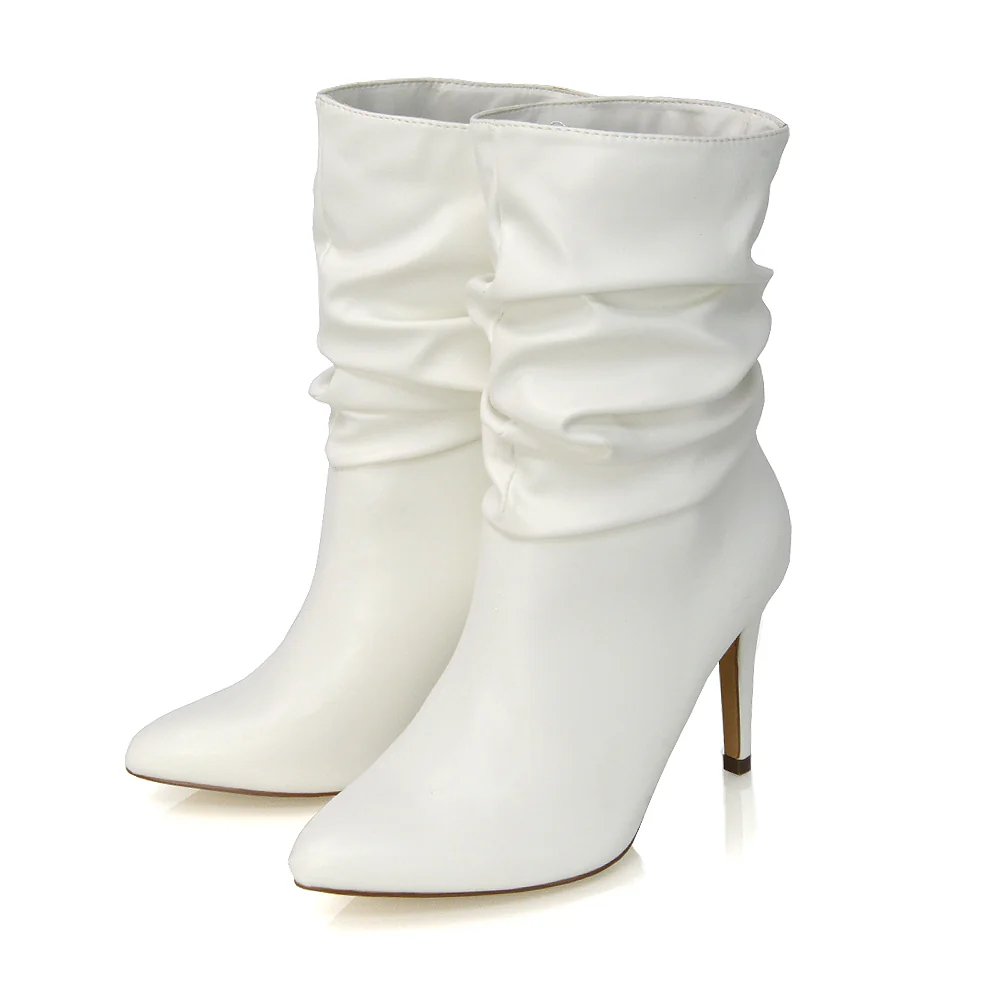 Velma Ruched Pointed Toe Stiletto High Heeled Ankle Boots in Black Faux Suede - Image 70