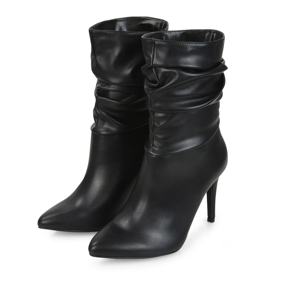 Velma Ruched Pointed Toe Stiletto High Heeled Ankle Boots in Black PU - Image 14