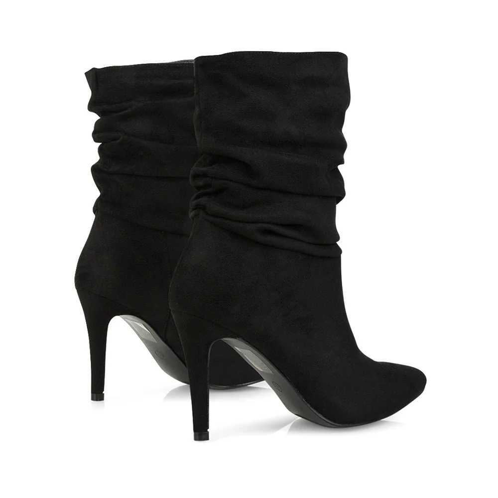 Velma Ruched Pointed Toe Stiletto High Heeled Ankle Boots in Black PU - Image 160
