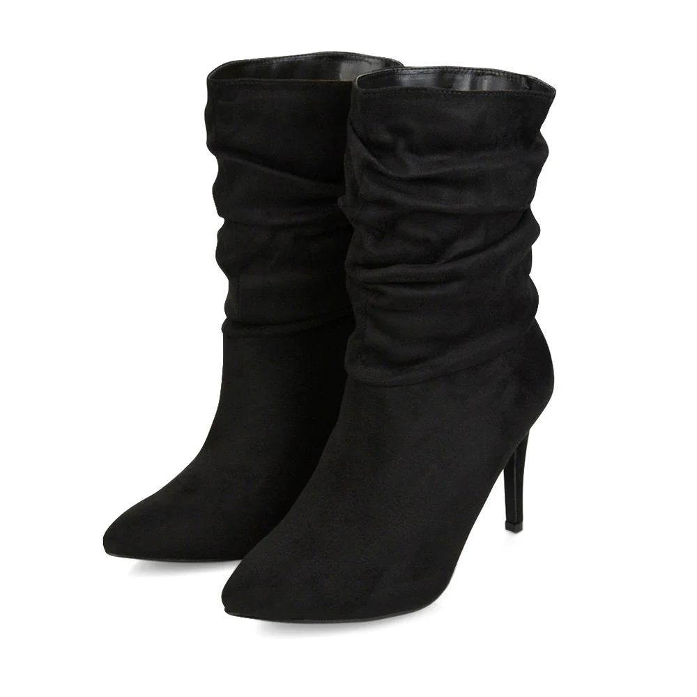Velma Ruched Pointed Toe Stiletto High Heeled Ankle Boots in Black PU - Image 179