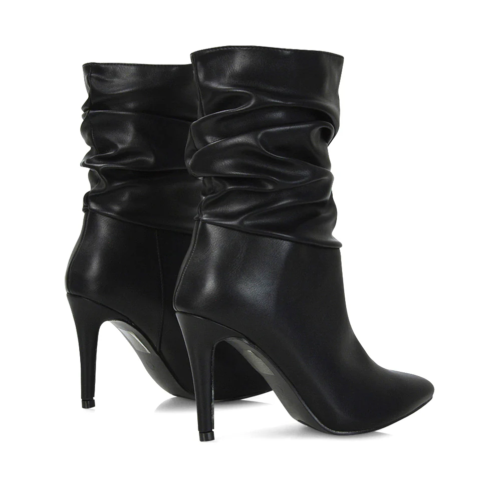 Velma Ruched Pointed Toe Stiletto High Heeled Ankle Boots in Black PU - Image 35