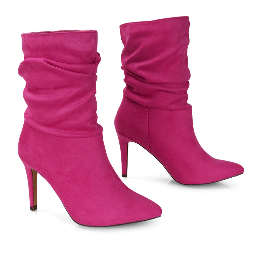 Velma Ruched Pointed Toe Stiletto High Heeled Ankle Boots in Pine Green Faux Suede - Image 101