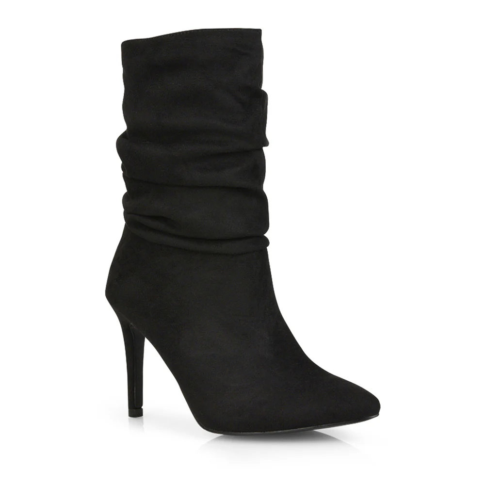 Velma Ruched Pointed Toe Stiletto High Heeled Ankle Boots in Pine Green Faux Suede - Image 162