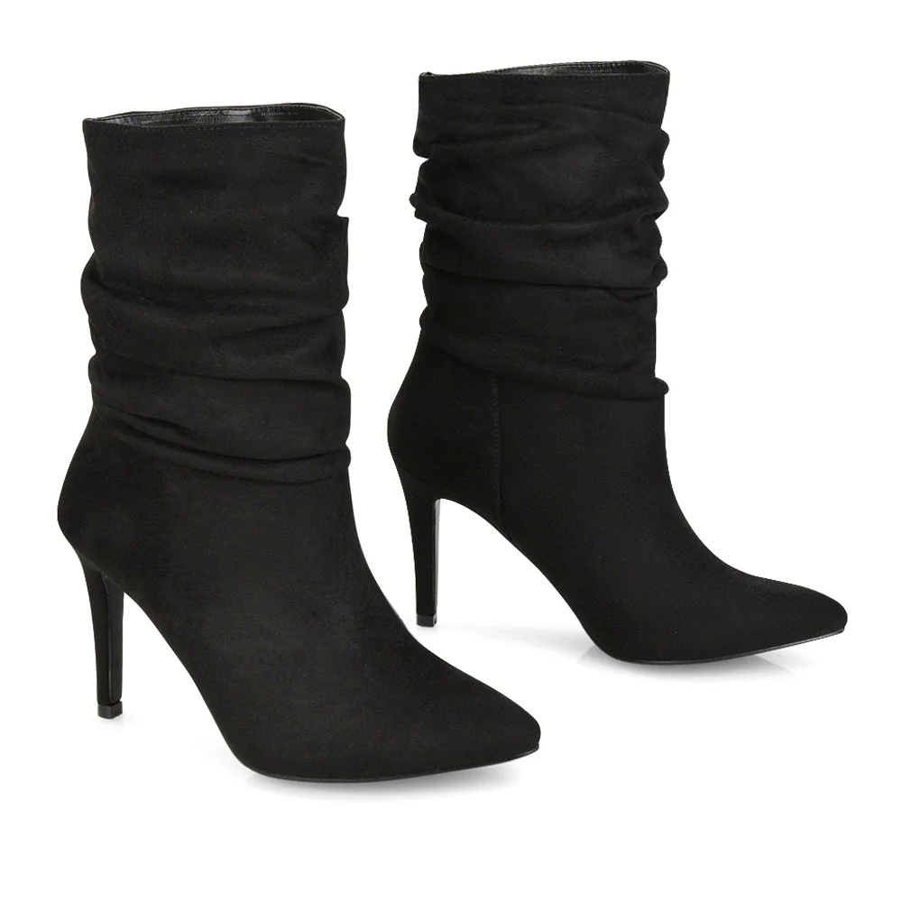 Velma Ruched Pointed Toe Stiletto High Heeled Ankle Boots in Pine Green Faux Suede - Image 171