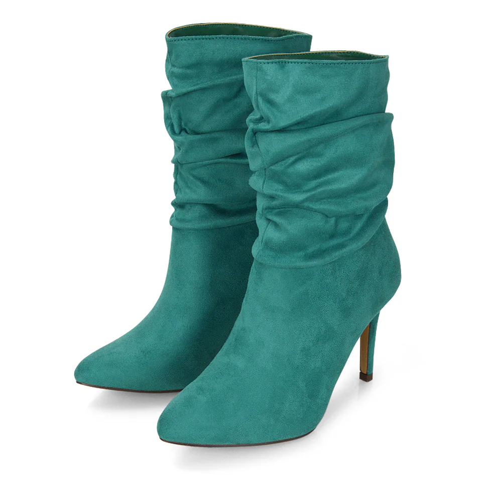 Velma Ruched Pointed Toe Stiletto High Heeled Ankle Boots in Pine Green Faux Suede - Image 39