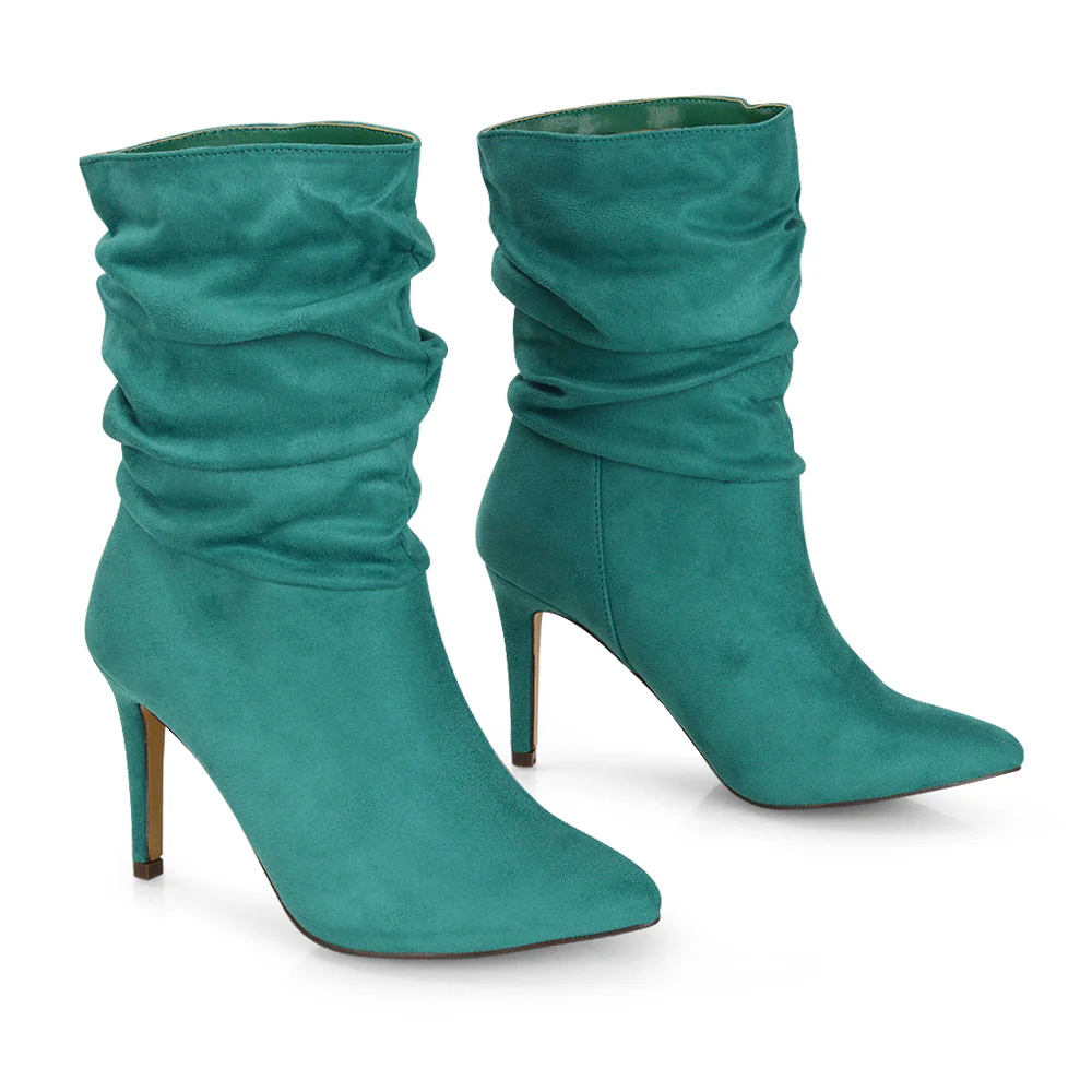 Velma Ruched Pointed Toe Stiletto High Heeled Ankle Boots in Pine Green Faux Suede - Image 46