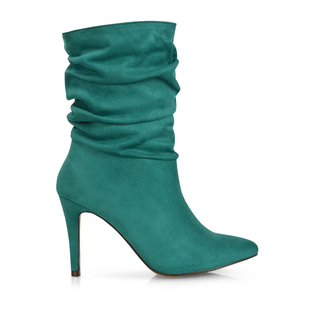 Velma Ruched Pointed Toe Stiletto High Heeled Ankle Boots in Pine Green Faux Suede - Image 58