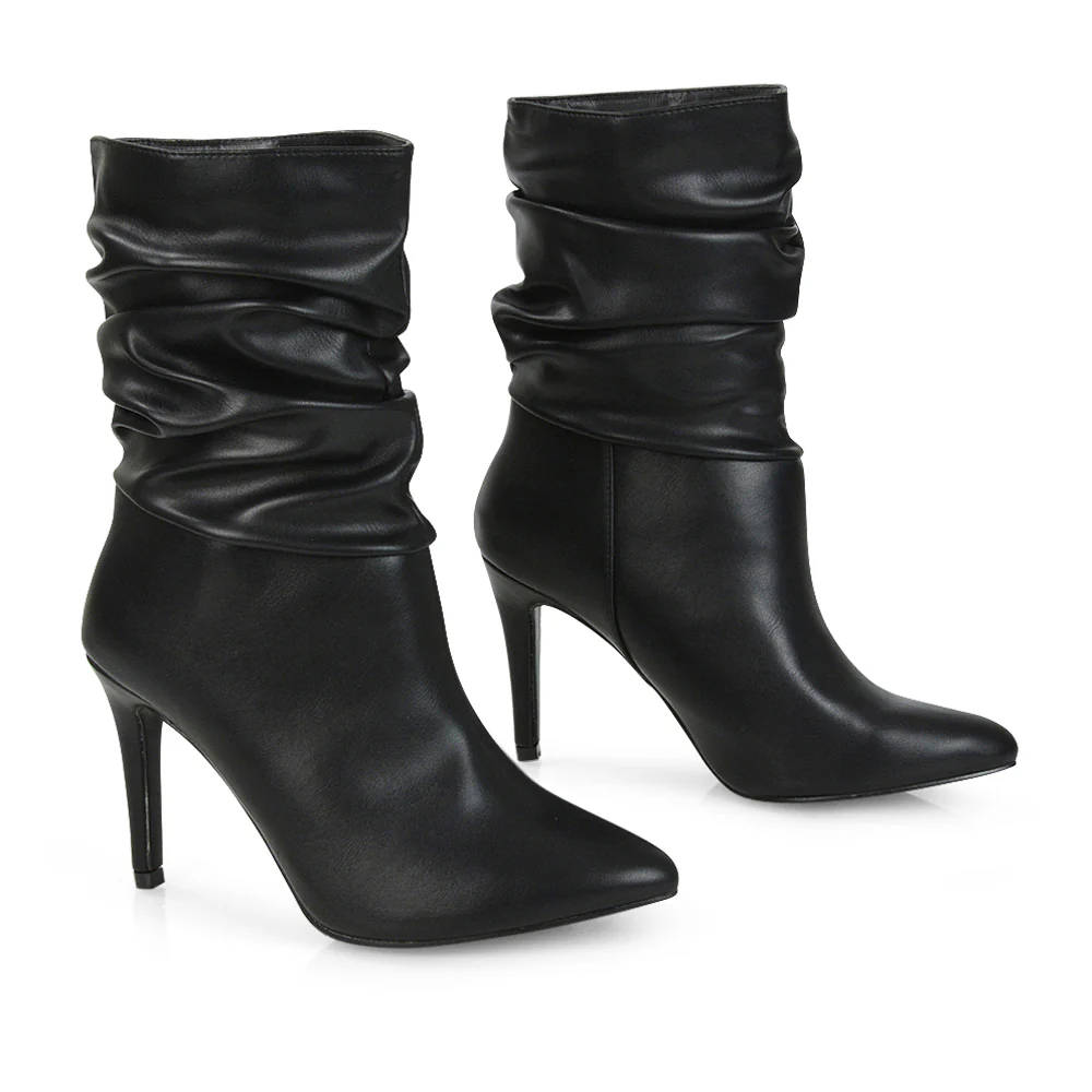 Velma Ruched Pointed Toe Stiletto High Heeled Ankle Boots in Pine Green Faux Suede - Image 6