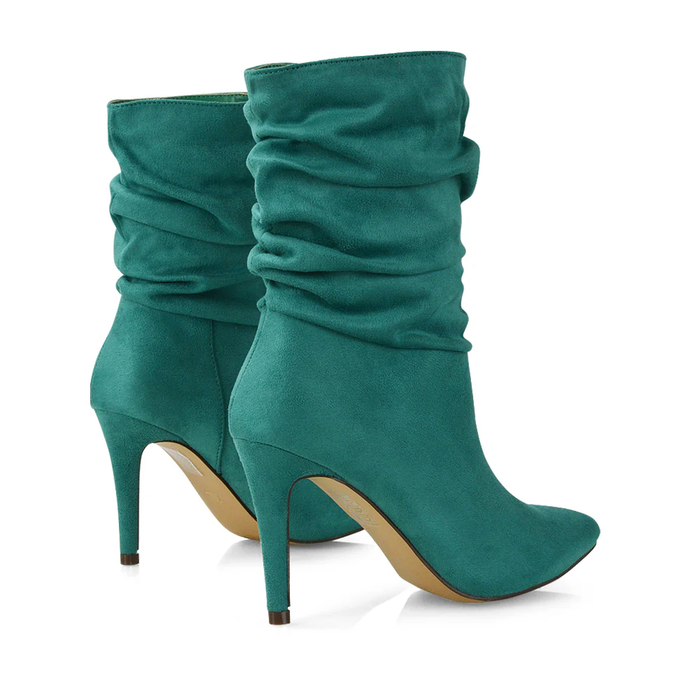 Velma Ruched Pointed Toe Stiletto High Heeled Ankle Boots in Pine Green Faux Suede - Image 65