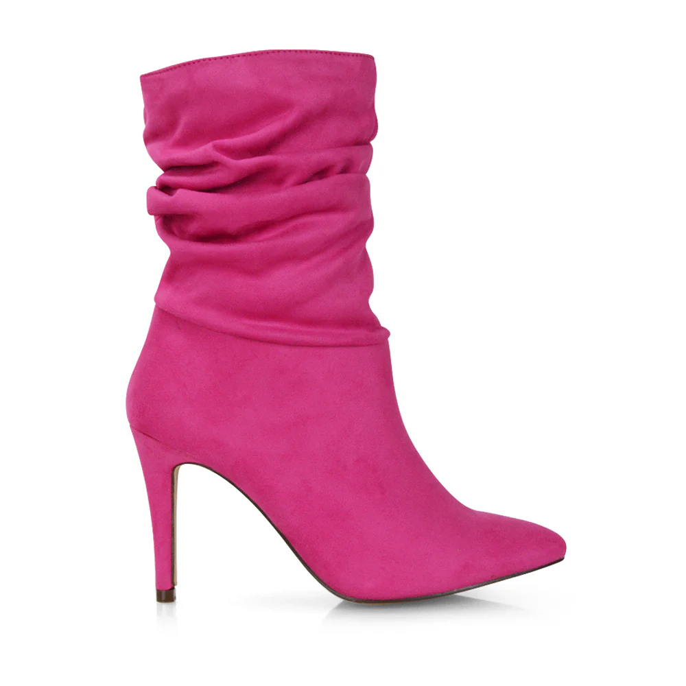 Velma Ruched Pointed Toe Stiletto High Heeled Ankle Boots in Pine Green Faux Suede - Image 98