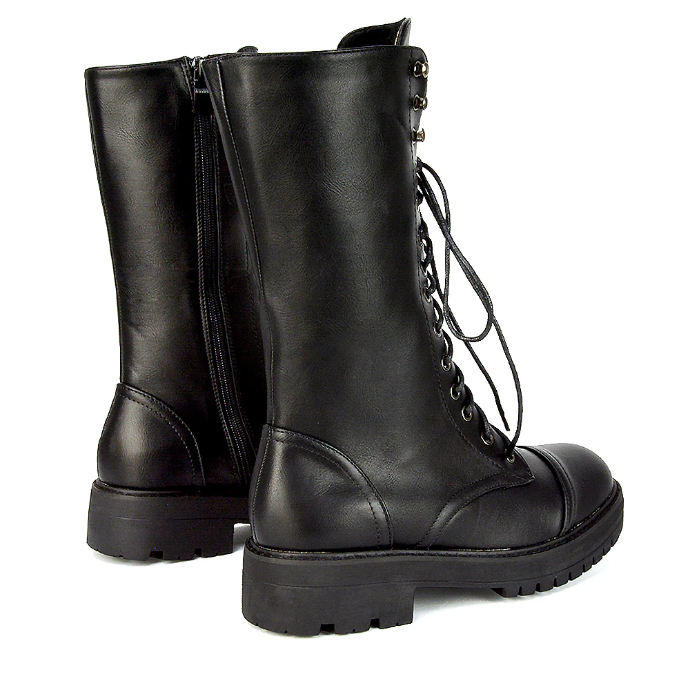 Vera Mid-Calf Combat Military Biker Heeled Ankle Boots in Black Synthetic Leather - Image 20