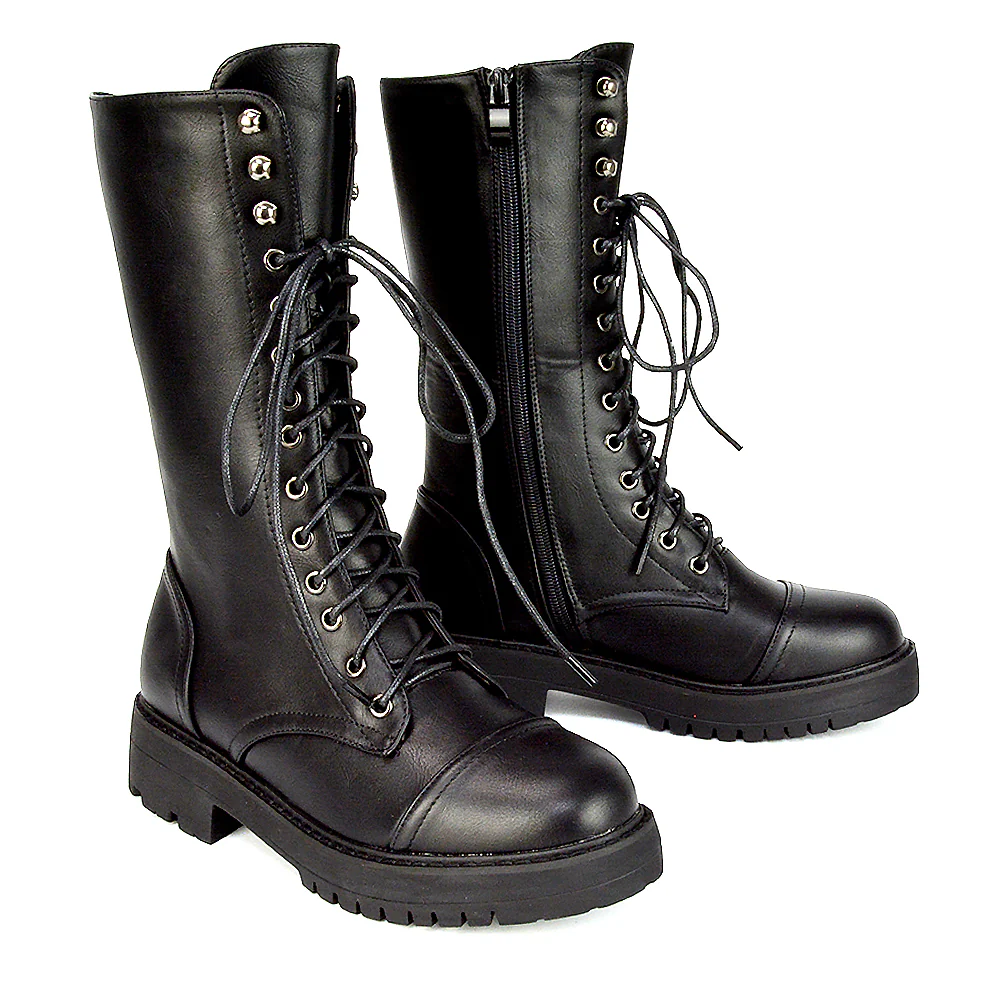 Vera Mid-Calf Combat Military Biker Heeled Ankle Boots in Black Synthetic Leather - Image 25