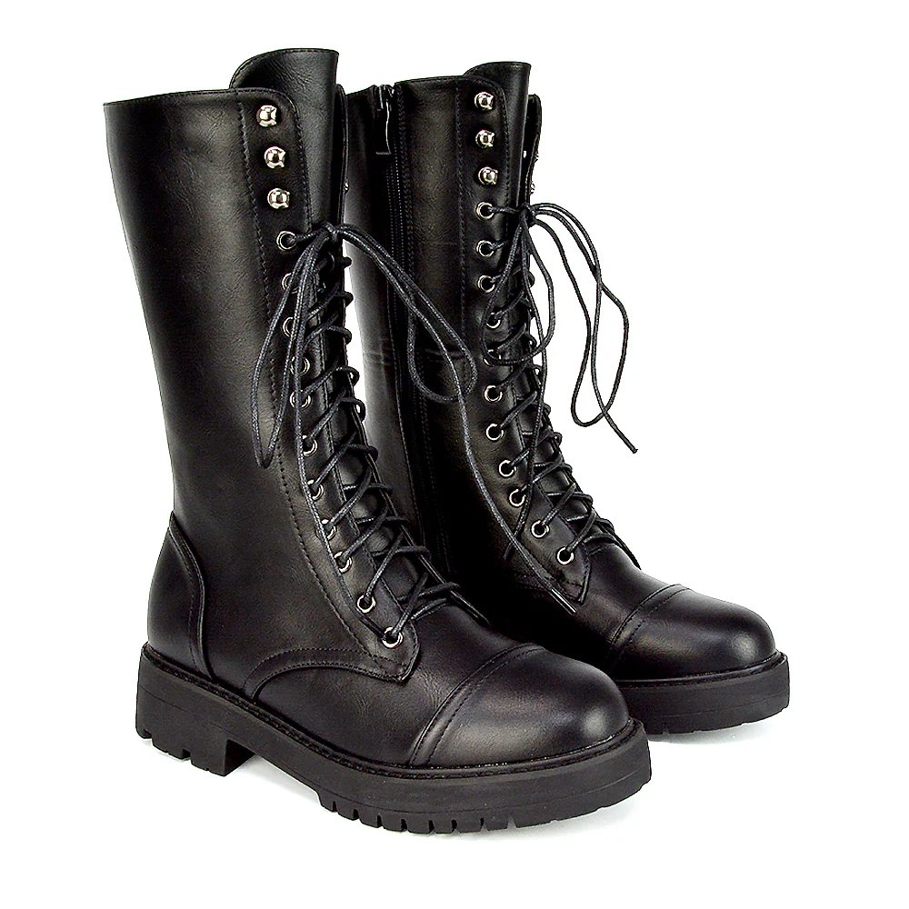 Vera Mid-Calf Combat Military Biker Heeled Ankle Boots in Black Synthetic Leather - Image 4