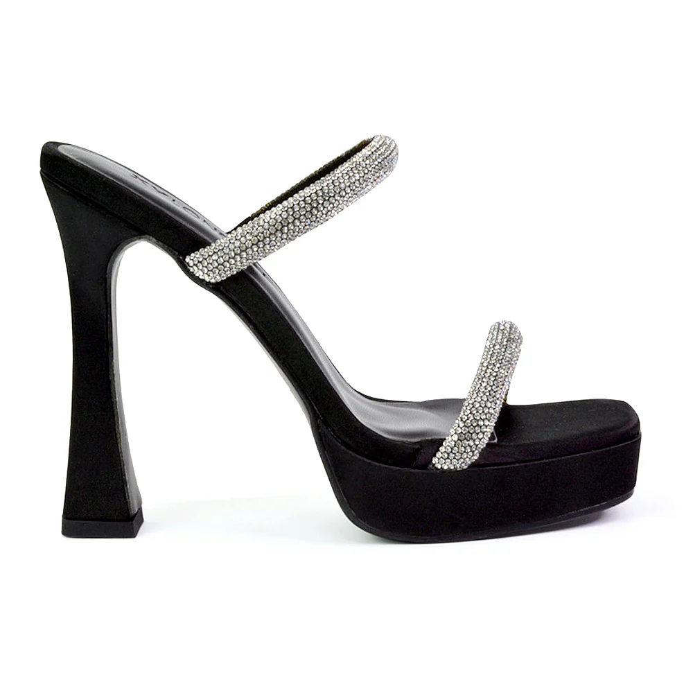 Verony Diamante Strappy Square Toe Platform High Heel Mule Sandals in Black - Image 3