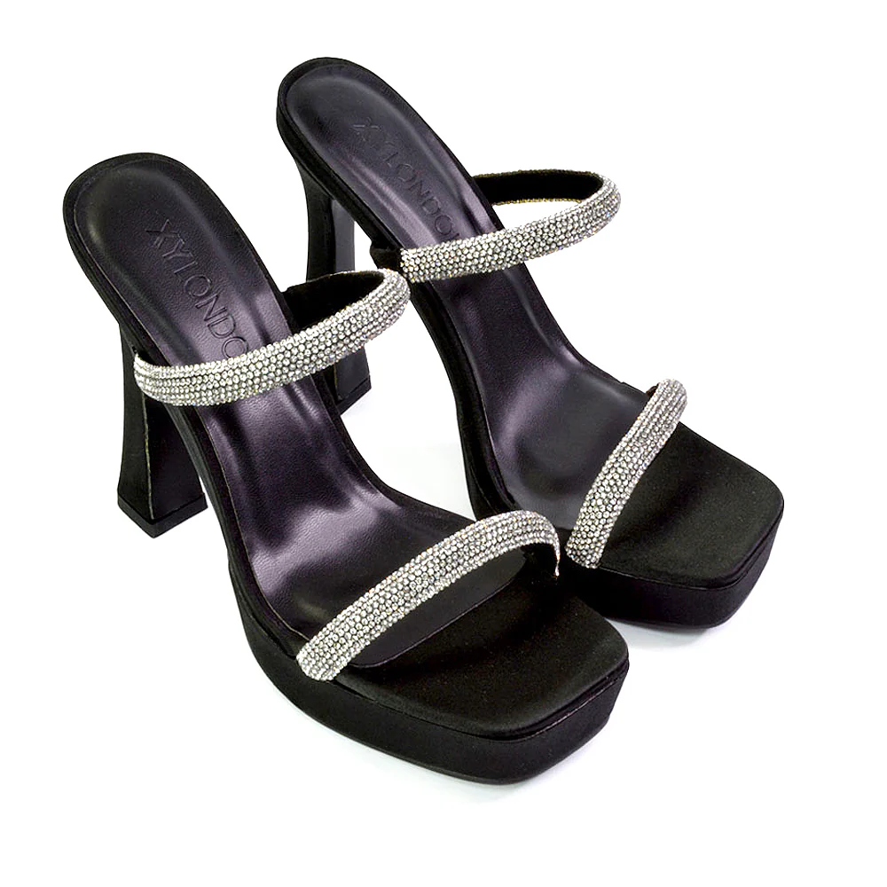 Verony Diamante Strappy Square Toe Platform High Heel Mule Sandals in Black - Image 80