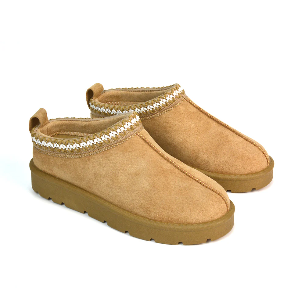 Vicky Flat Aztec Ultra Mini Boots Slip On Slippers With No Faux Fur Lining in Chestnut - Image 19