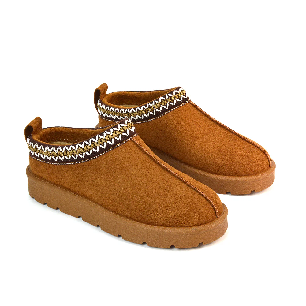 Vicky Flat Aztec Ultra Mini Boots Slip On Slippers With No Faux Fur Lining in Chestnut