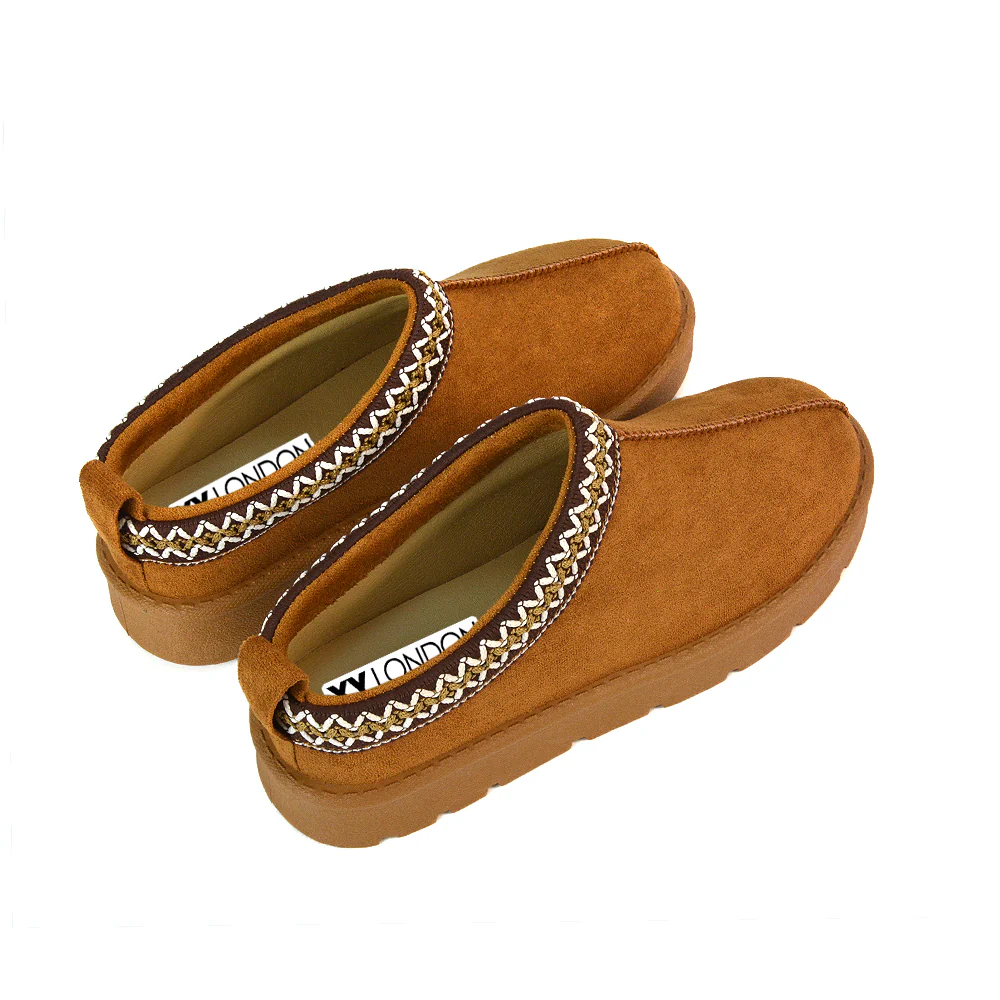 Vicky Flat Aztec Ultra Mini Boots Slip On Slippers With No Faux Fur Lining in Chestnut - Image 5