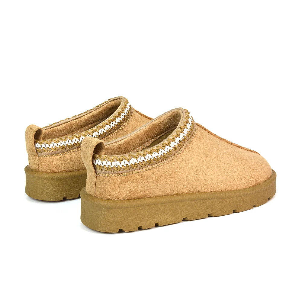 Vicky Flat Aztec Ultra Mini Boots Slip On Slippers With No Faux Fur Lining in Chestnut - Image 20