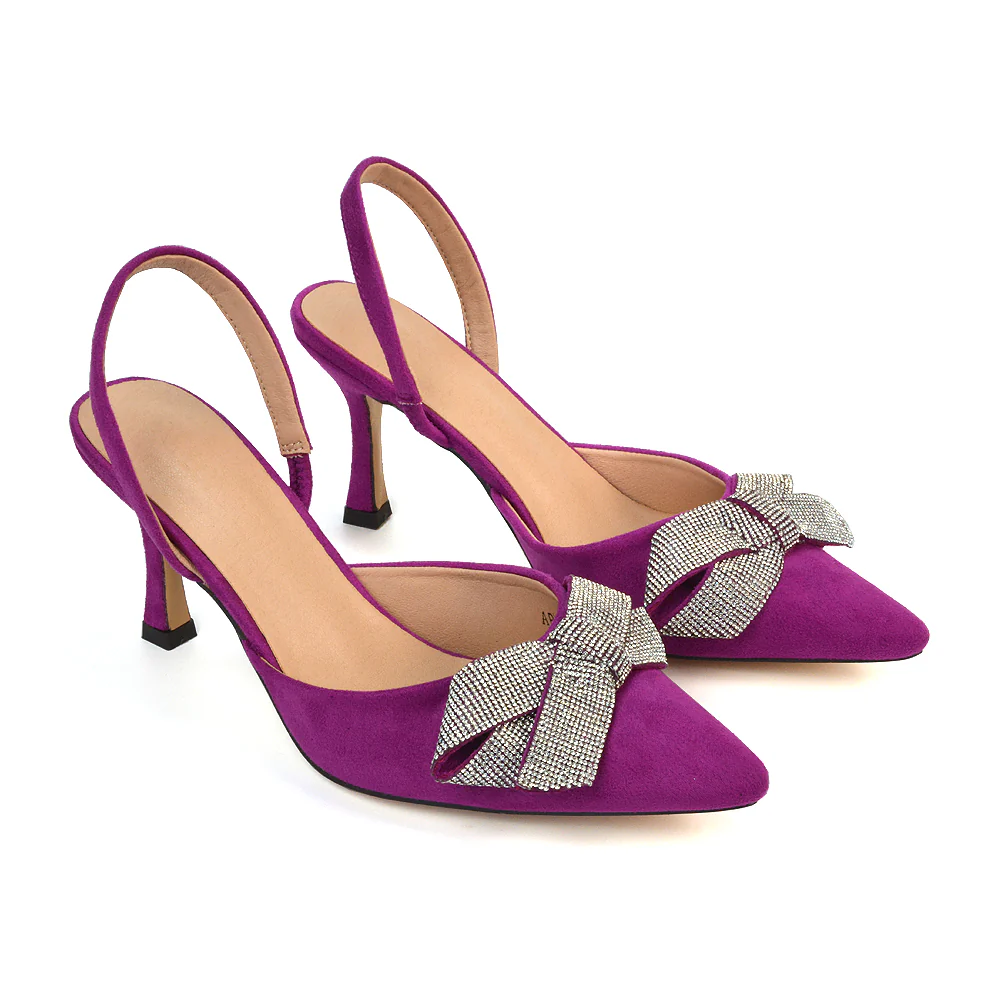 Victoria Diamante Bow Stiletto Slingback High Heel Shoes in Black Faux Suede - Image 15