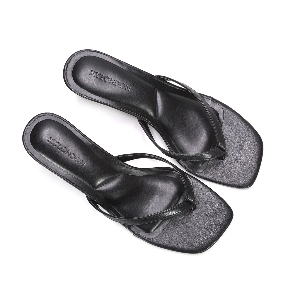 Violet Slip On Flip Flop Kitten Heel Mule Heeled Sandals in Black Synthetic Leather - Image 6