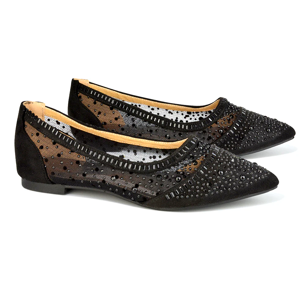 Vivian Pointed Toe Sparkly Diamante Wedding Bridal Pump Flats in Black Satin - Image 101