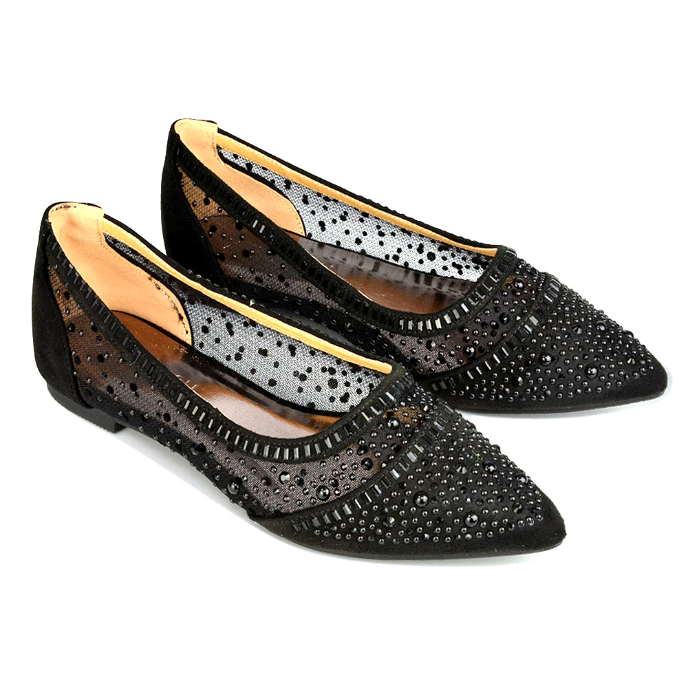 Vivian Pointed Toe Sparkly Diamante Wedding Bridal Pump Flats in Black Satin - Image 104