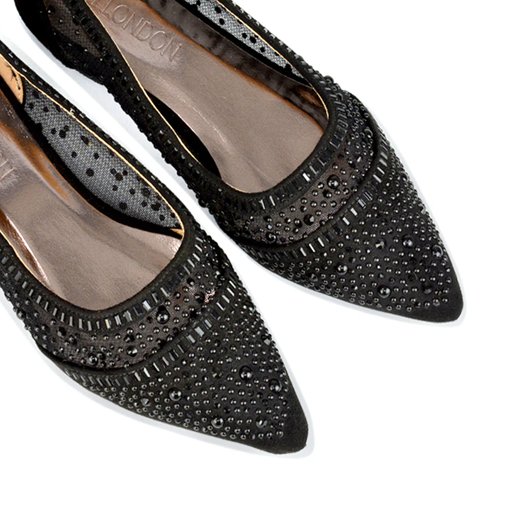 Vivian Pointed Toe Sparkly Diamante Wedding Bridal Pump Flats in Black Satin - Image 107