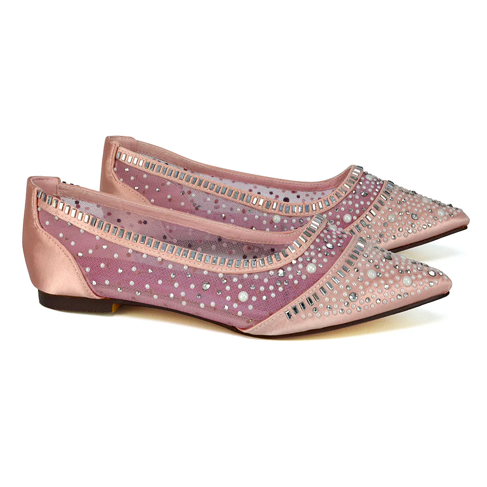 Vivian Pointed Toe Sparkly Diamante Wedding Bridal Pump Flats in Black Satin - Image 11
