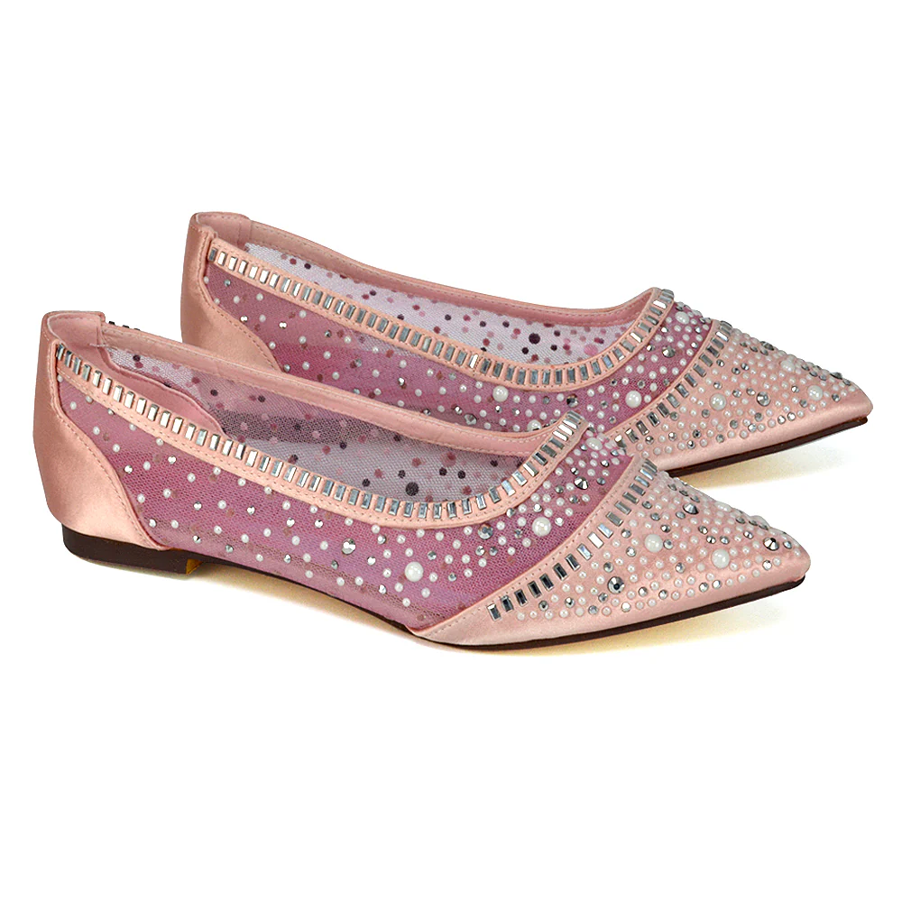 Vivian Pointed Toe Sparkly Diamante Wedding Bridal Pump Flats in Black Satin - Image 19