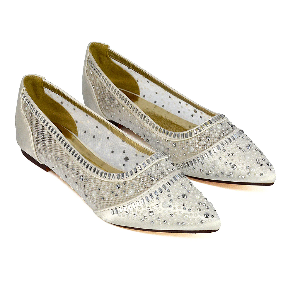Vivian Pointed Toe Sparkly Diamante Wedding Bridal Pump Flats in Black Satin - Image 59