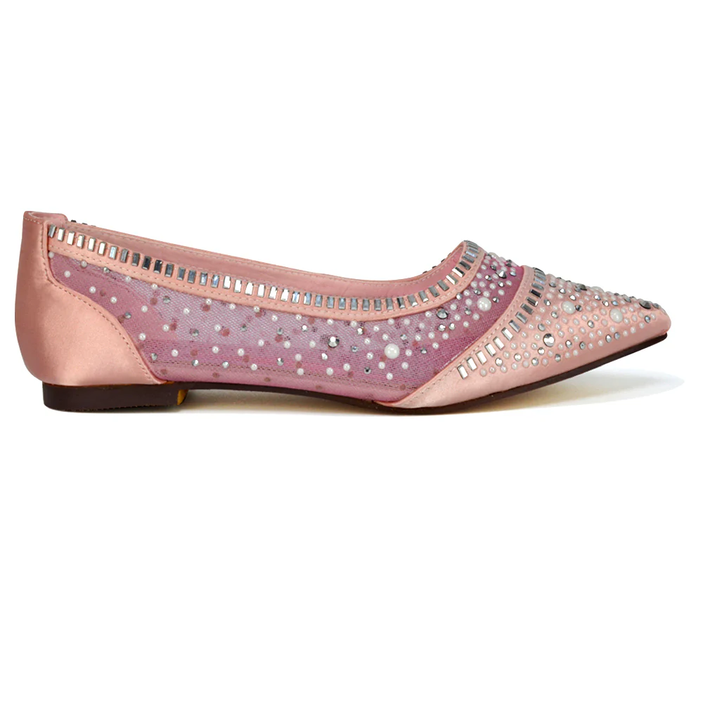 Vivian Pointed Toe Sparkly Diamante Wedding Bridal Pump Flats in Black Satin - Image 8