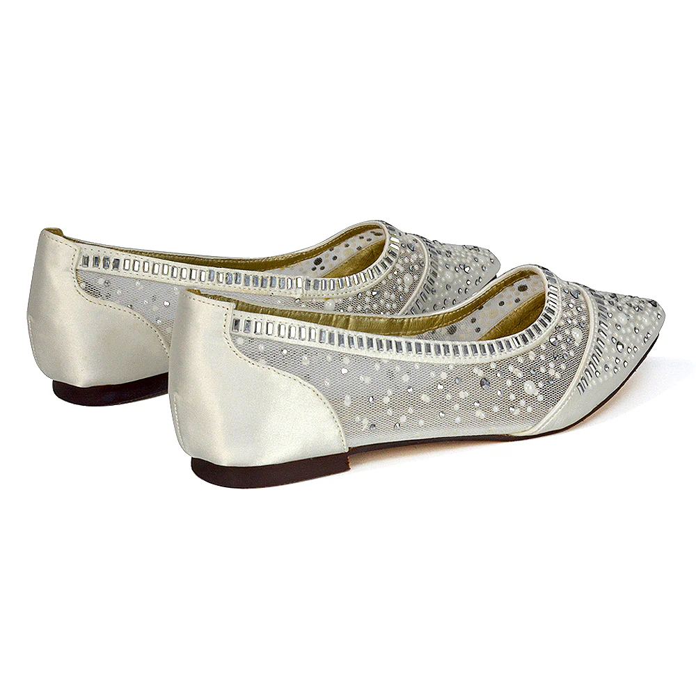 Vivian Pointed Toe Sparkly Diamante Wedding Bridal Pump Flats in Ivory Satin - Image 5