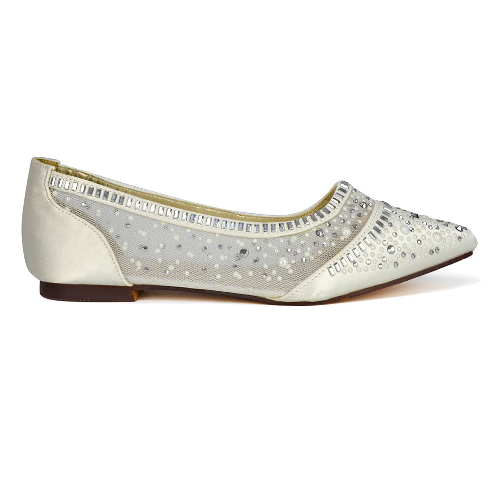 Vivian Pointed Toe Sparkly Diamante Wedding Bridal Pump Flats in Ivory Satin - Image 53