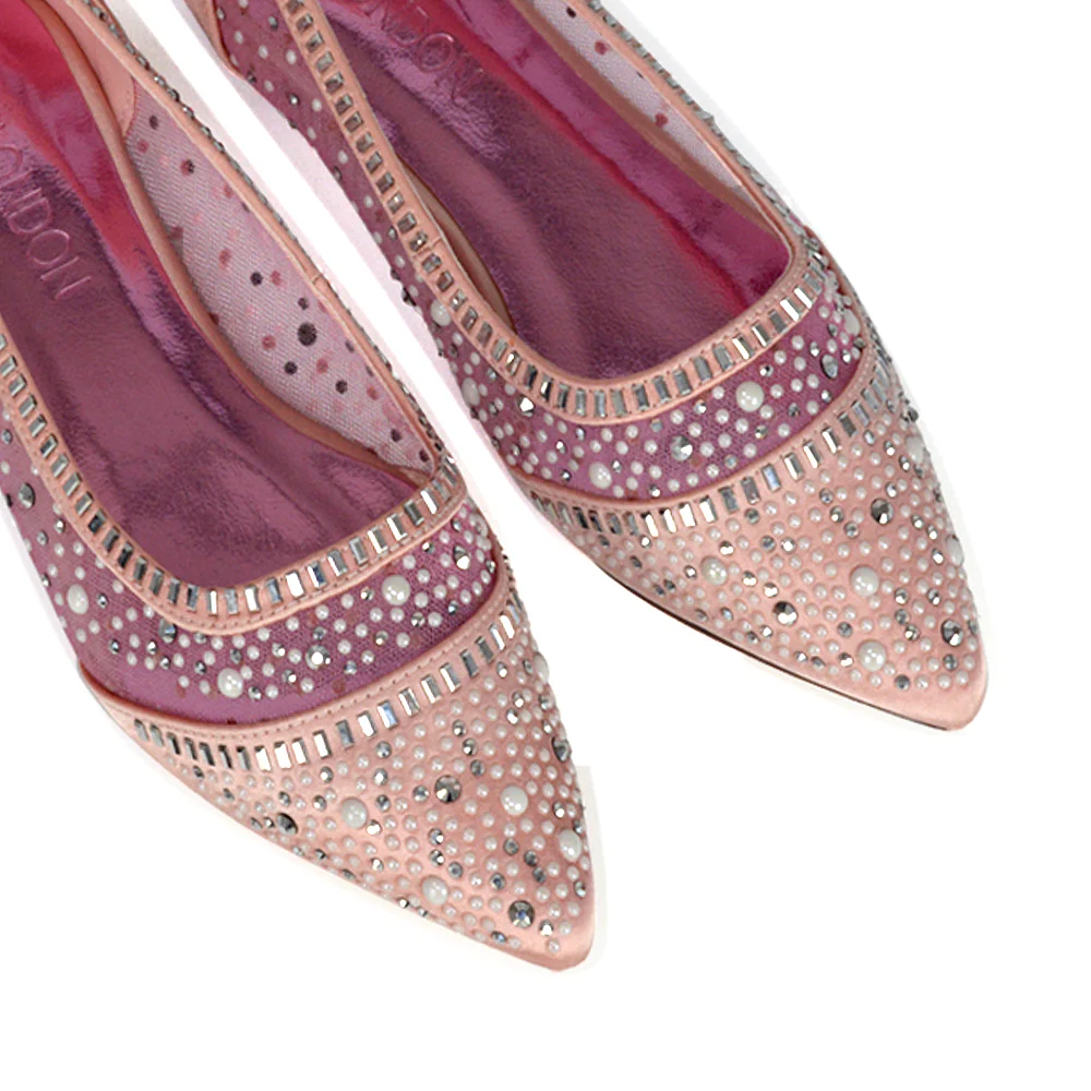 Vivian Pointed Toe Sparkly Diamante Wedding Bridal Pump Flats in Silver Satin - Image 22